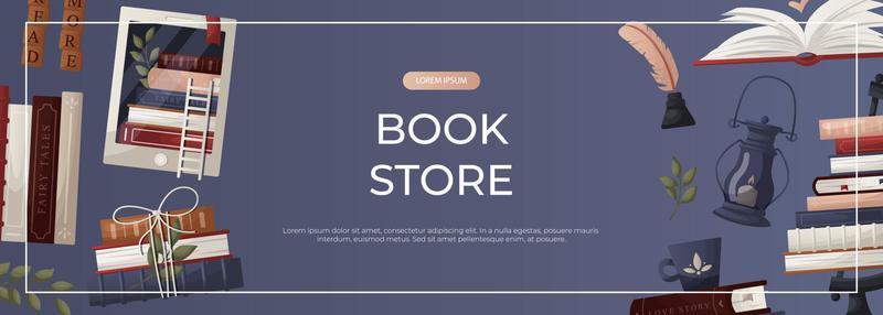 promo-banner-with-stack-of-books-globe-inkwell-quill-plant-lantern-ebook-world-book-day-bookstore-bookshop-library-book-lover-bibliophile-education-for-poster-cover-advertising-vector